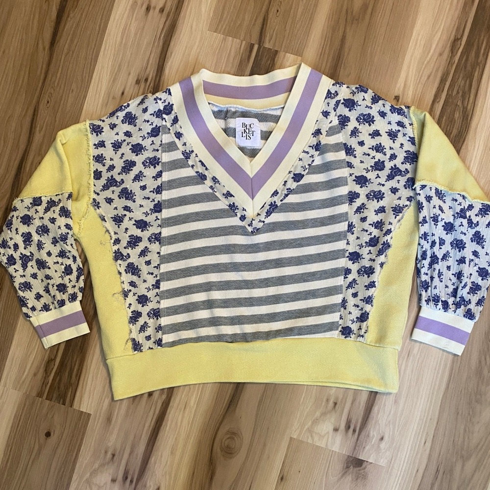Bucketlist Mixed Media Patchwork Sweatshirt Floral Stripe Yellow Small Unique